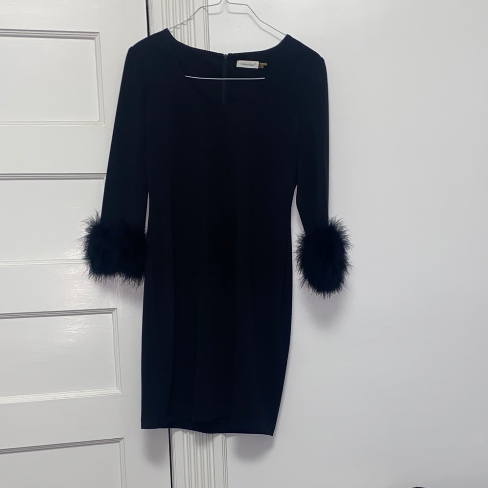 Calvin Klein Black Dress with Feather Cuffs pre loved condition size 10
